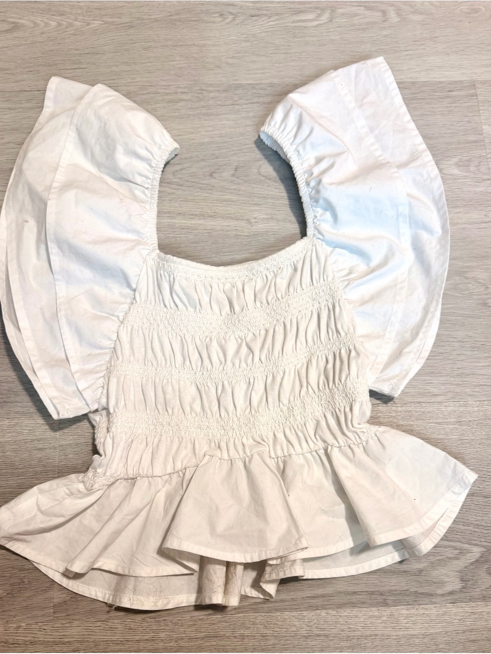 Zara White Smocked Peplum Top with Flutter Sleeves